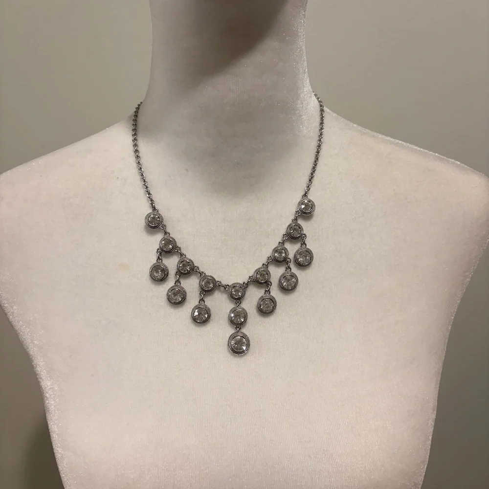 Monet JcPenney Bauble Bar Silver Necklace with Crystal Rhinestone Drops